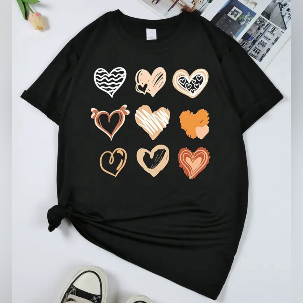 988 ❤️ Plus Size Womens Charming Heart Print T-Shirt Graphic Print Top Shirt - Picture 1 of 7